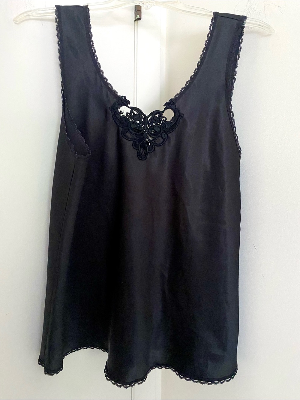 Y2K Black Satin Lace Trim Cami Slip Top Lingerie Coquette Whimsigoth Vintage L